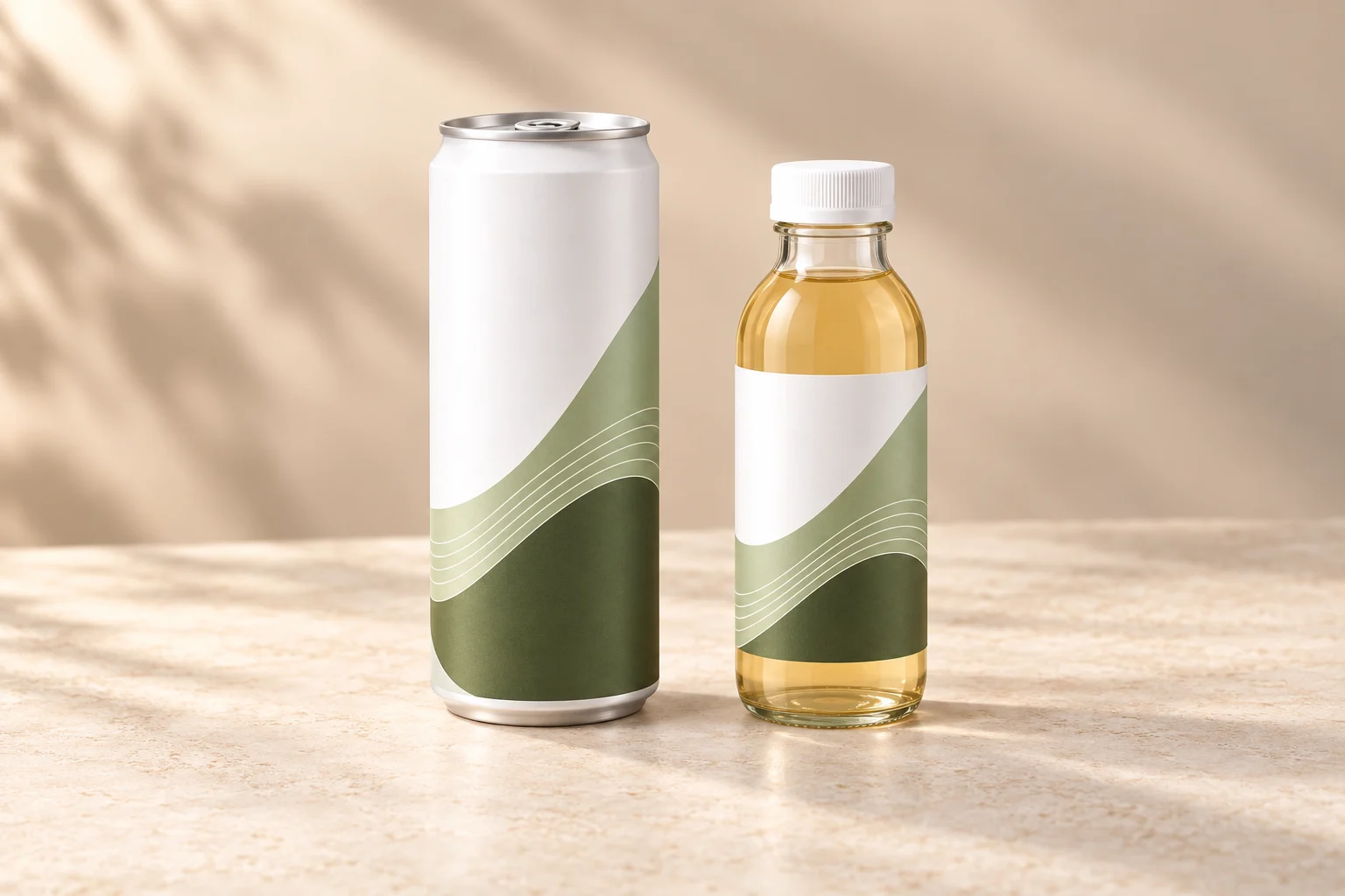 Slim can and glass beverage bottle in an illustrative packaging concept.