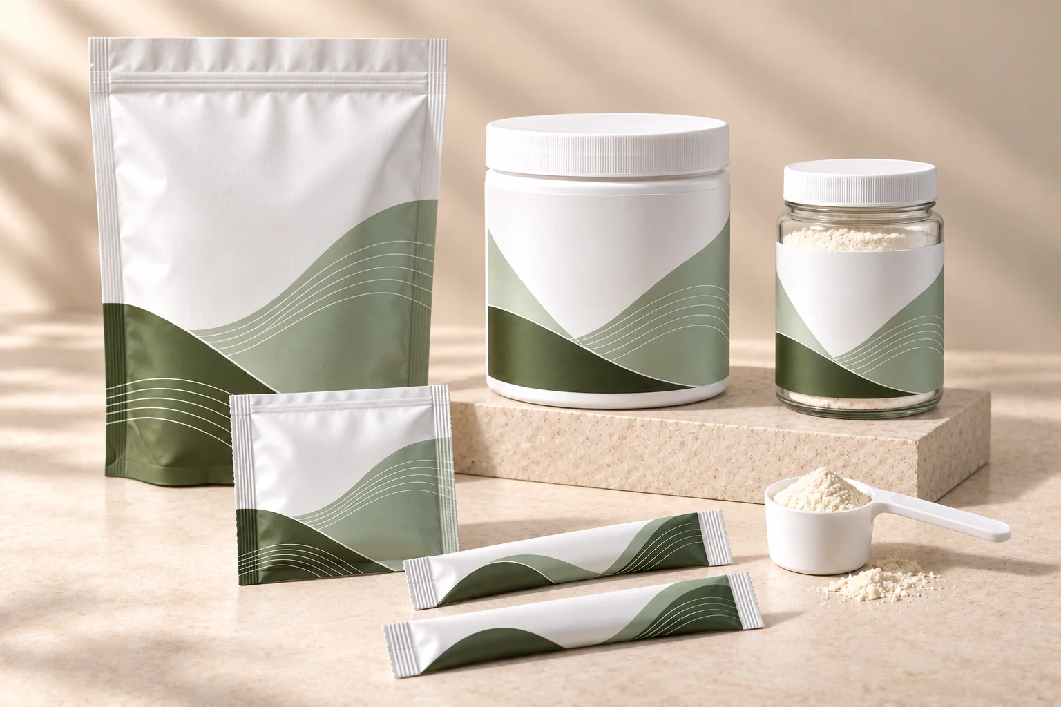 Powder pouch, tub, glass jar, flat sachet, stick packs, and scoop in an illustrative packaging concept.